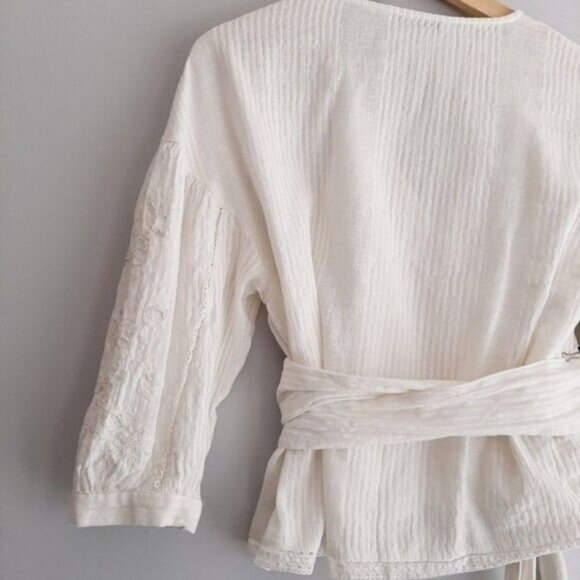 ZARA Cotton Linen Blend Boho Floral Embroidery Wrap Top Sz S - Picture 10 of 13